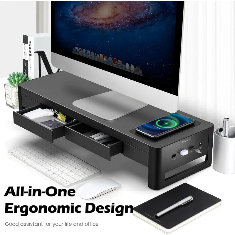 3 in 1 Monitor Stand Riser with 2 Drawers, 1 Wireless Charging Module & 4 USB Ports, Metal Computer Stand Support Transfer Data