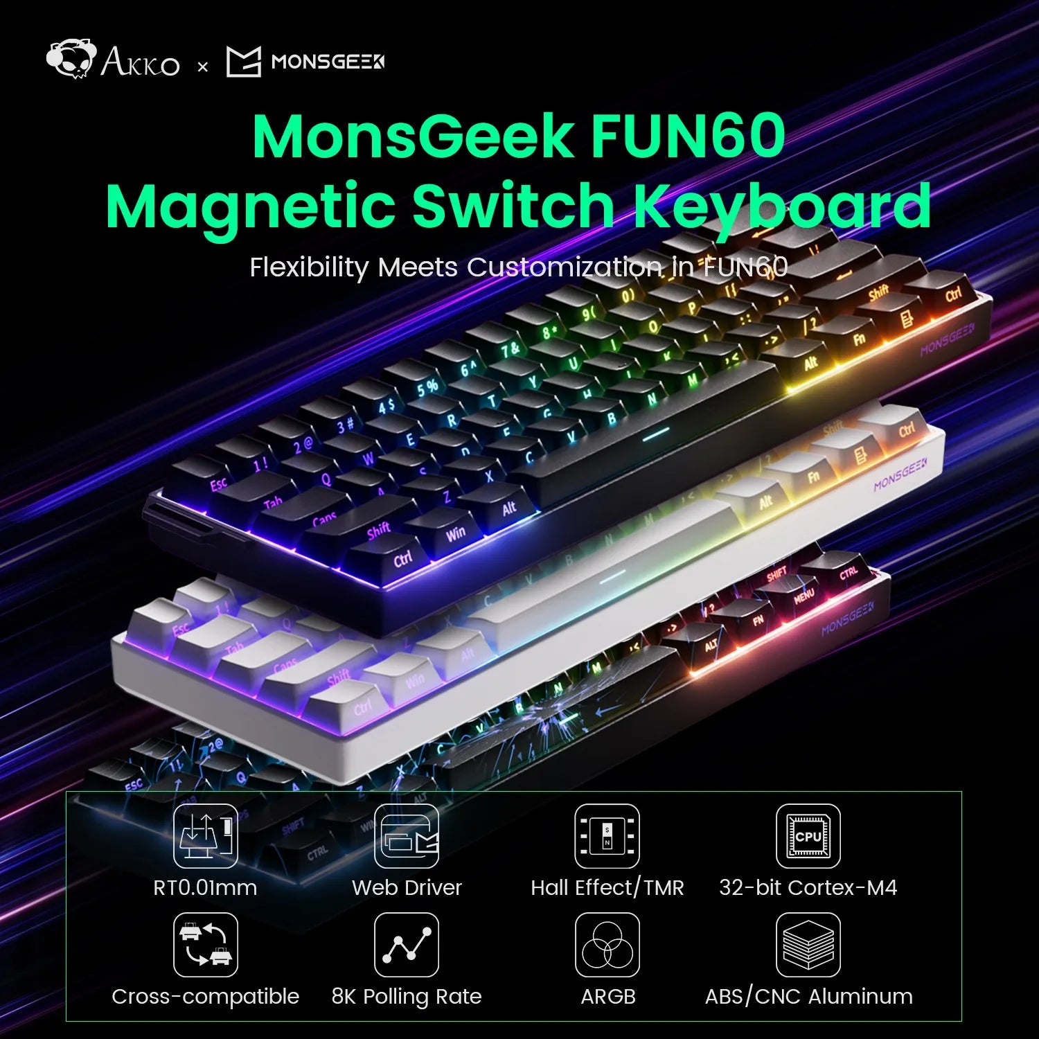 MonsGAkkoeek FUN60 Mechanical Keyboard Magnetic Switch 60% Gaming Keyboards Rapid Trigger 0.01mm 8K ARGB HE/TMR Custom Keyboard