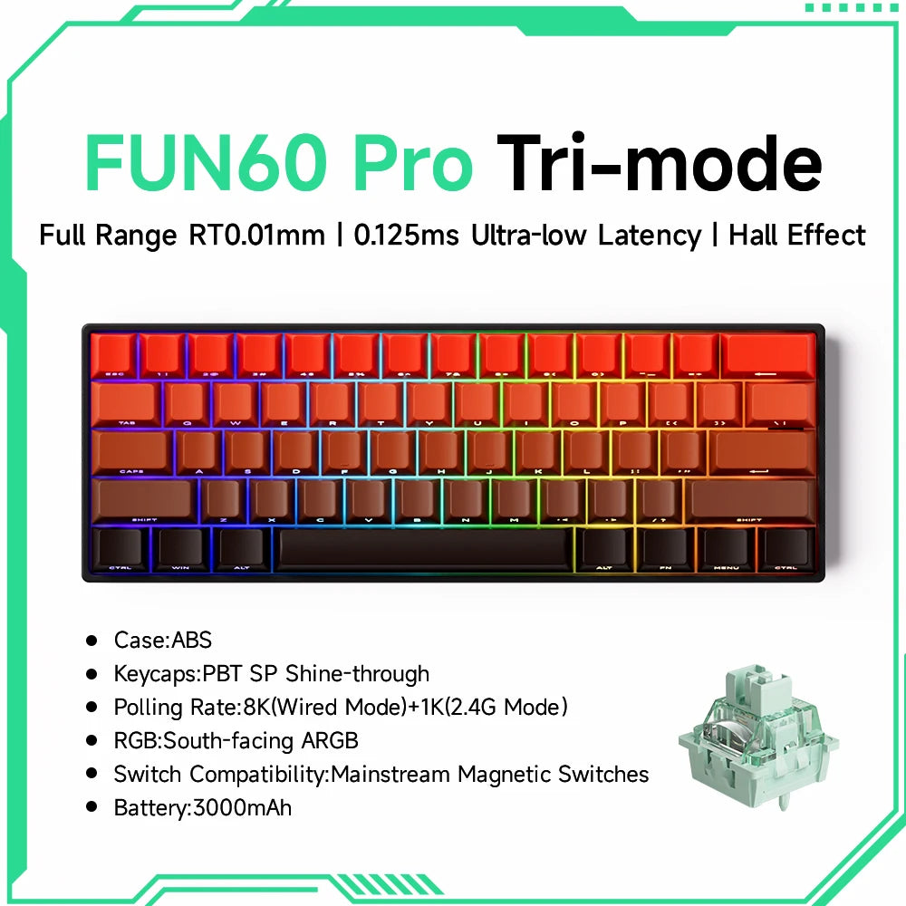 MonsGAkkoeek FUN60 Mechanical Keyboard Magnetic Switch 60% Gaming Keyboards Rapid Trigger 0.01mm 8K ARGB HE/TMR Custom Keyboard