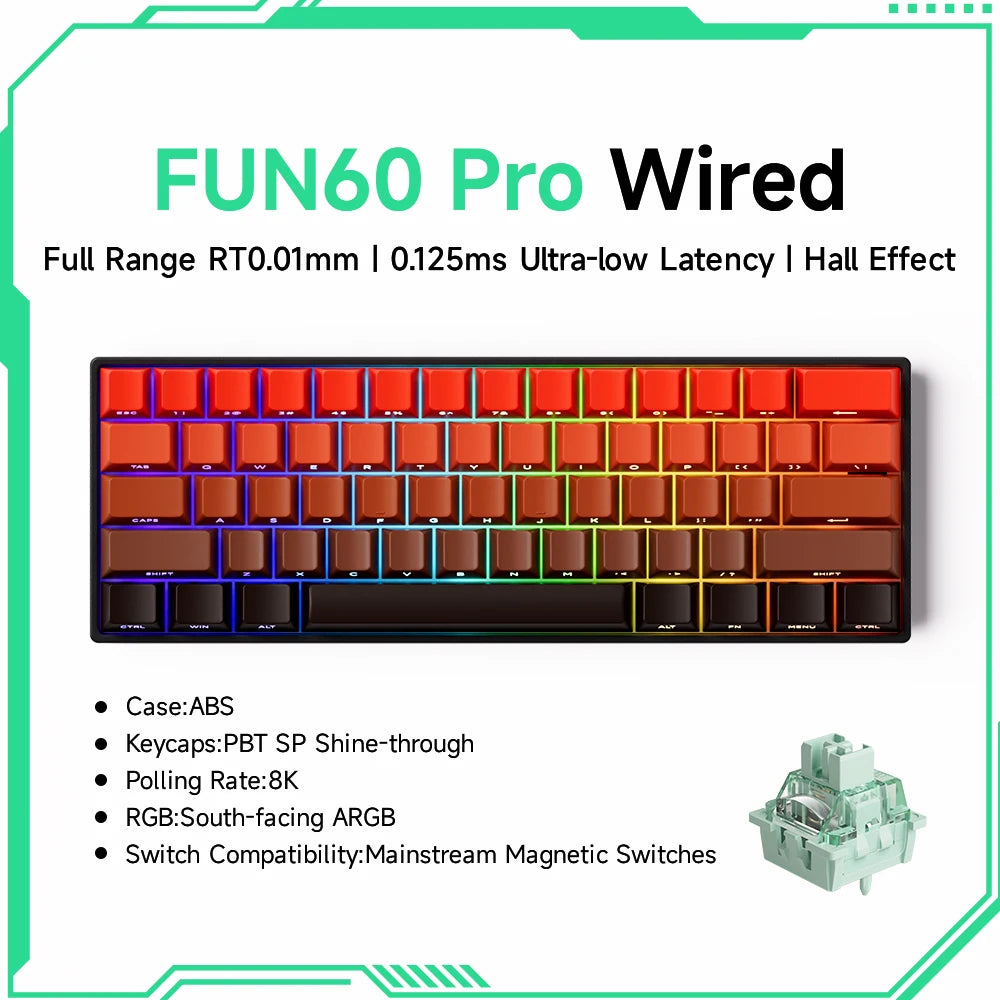 MonsGAkkoeek FUN60 Mechanical Keyboard Magnetic Switch 60% Gaming Keyboards Rapid Trigger 0.01mm 8K ARGB HE/TMR Custom Keyboard
