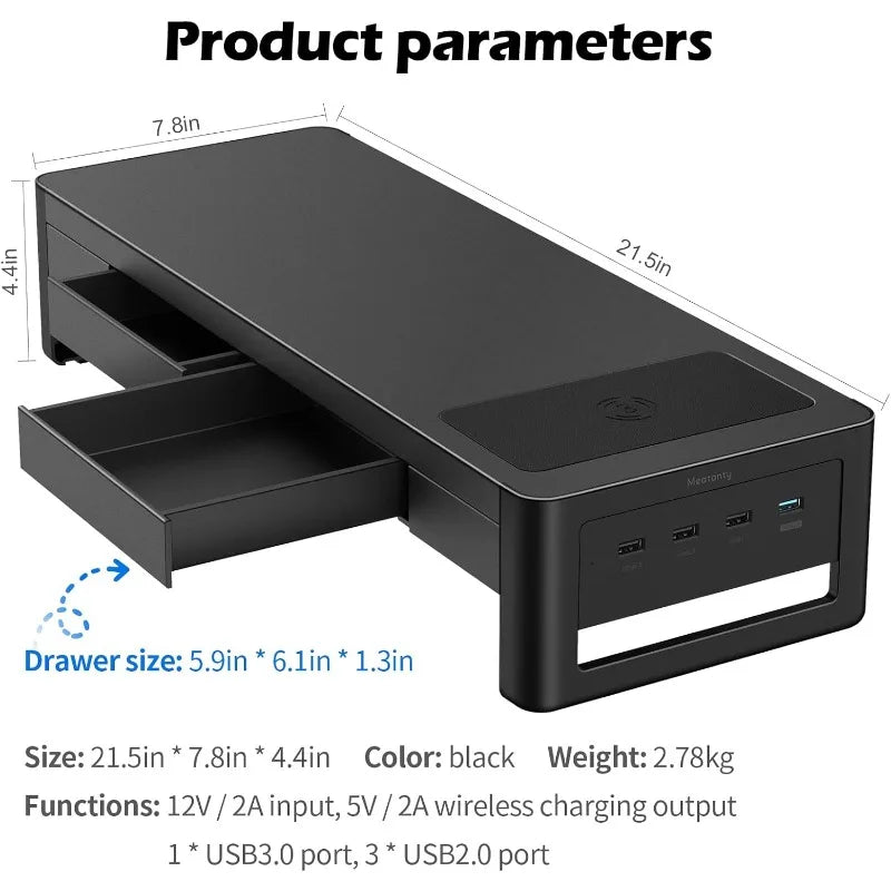 3 in 1 Monitor Stand Riser with 2 Drawers, 1 Wireless Charging Module & 4 USB Ports, Metal Computer Stand Support Transfer Data