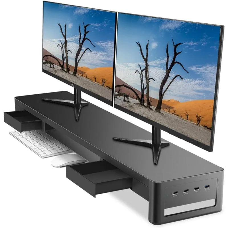 3 in 1 Monitor Stand Riser with 2 Drawers, 1 Wireless Charging Module & 4 USB Ports, Metal Computer Stand Support Transfer Data