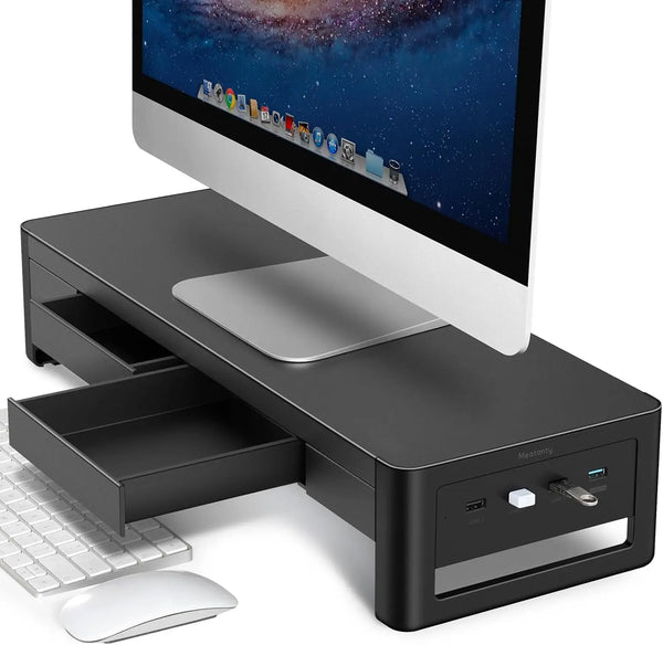 3 in 1 Monitor Stand Riser with 2 Drawers, 1 Wireless Charging Module & 4 USB Ports, Metal Computer Stand Support Transfer Data