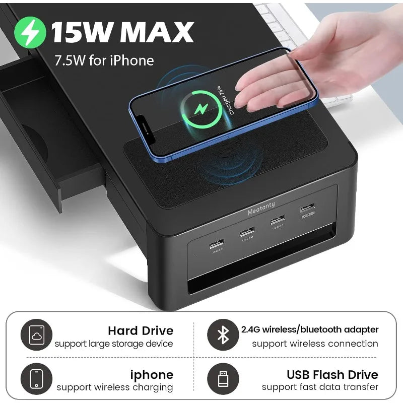 3 in 1 Monitor Stand Riser with 2 Drawers, 1 Wireless Charging Module & 4 USB Ports, Metal Computer Stand Support Transfer Data