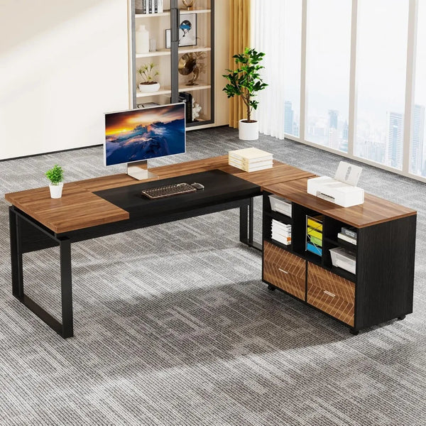 L-Shaped Executive Desk with Reversible File Cabinet, 63" Office Desk with Storage Drawers, L-Shaped Computer Desk