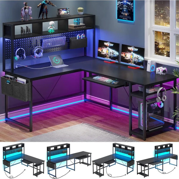 Premium L Shaped Gaming Desk with Power Outlet, LED Lights & Pegboard | Reversible Computer Desk with Keyboard Tray