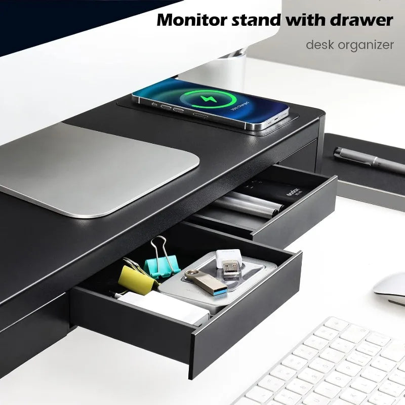 3 in 1 Monitor Stand Riser with 2 Drawers, 1 Wireless Charging Module & 4 USB Ports, Metal Computer Stand Support Transfer Data