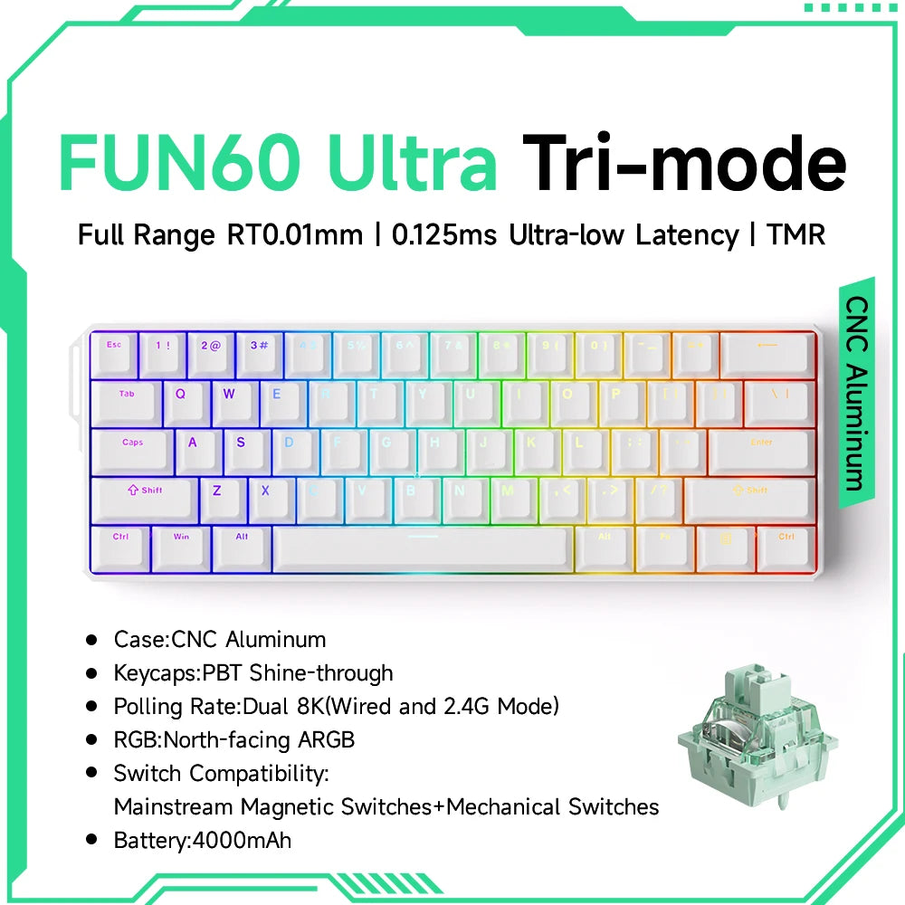 MonsGAkkoeek FUN60 Mechanical Keyboard Magnetic Switch 60% Gaming Keyboards Rapid Trigger 0.01mm 8K ARGB HE/TMR Custom Keyboard