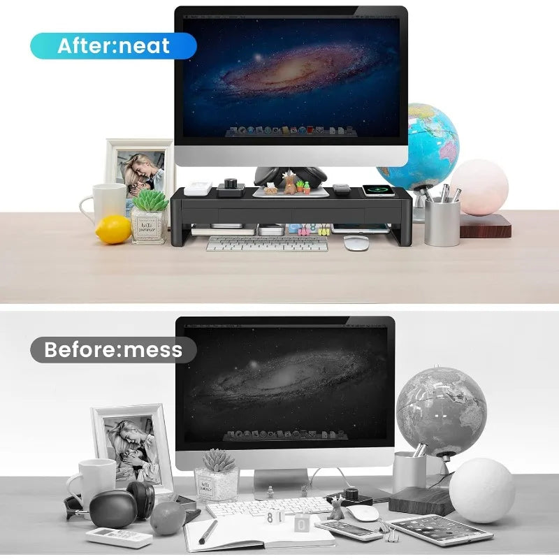 3 in 1 Monitor Stand Riser with 2 Drawers, 1 Wireless Charging Module & 4 USB Ports, Metal Computer Stand Support Transfer Data