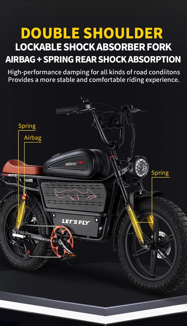 HAHOO H20 20 inches adult electric mountain bike 2000W brushless motor 48V 60Ah ebike dual suspension off road tyre bicycle