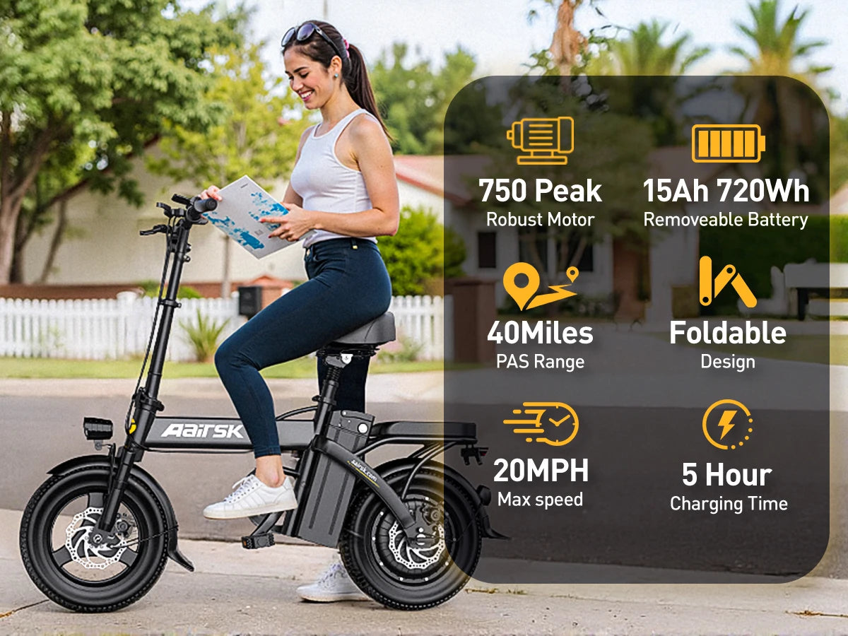 750W Foldable Electric Bike – 48V 15Ah Battery, 14-Inch Tires & LCD Display