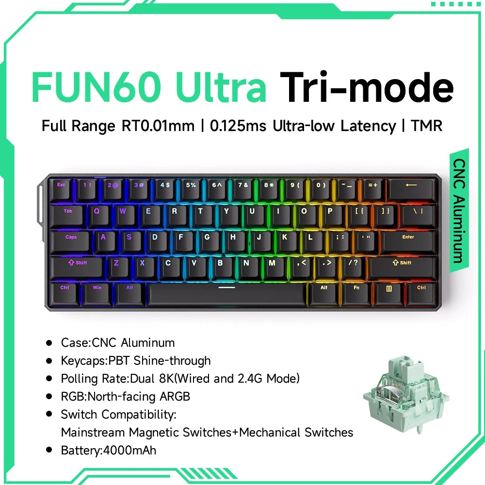 MonsGAkkoeek FUN60 Mechanical Keyboard Magnetic Switch 60% Gaming Keyboards Rapid Trigger 0.01mm 8K ARGB HE/TMR Custom Keyboard