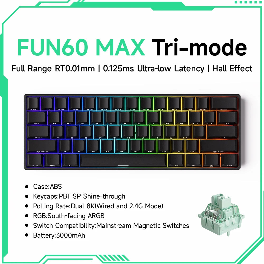 MonsGAkkoeek FUN60 Mechanical Keyboard Magnetic Switch 60% Gaming Keyboards Rapid Trigger 0.01mm 8K ARGB HE/TMR Custom Keyboard