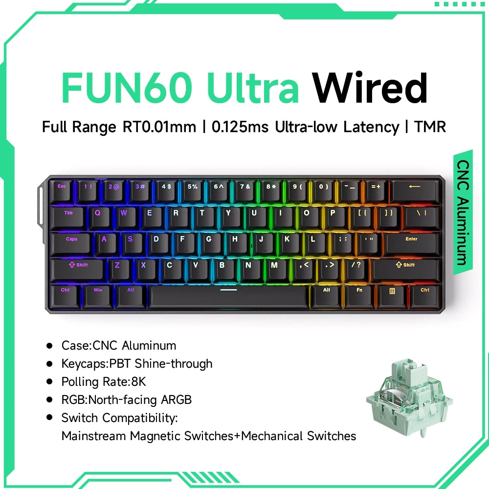 MonsGAkkoeek FUN60 Mechanical Keyboard Magnetic Switch 60% Gaming Keyboards Rapid Trigger 0.01mm 8K ARGB HE/TMR Custom Keyboard