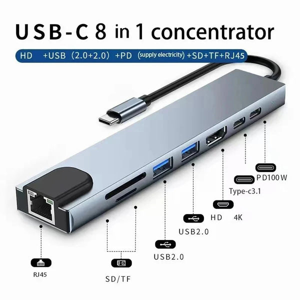 8in1 RJ45 100mbps USB c hub to Adapter Laptop Universal Computer Docking Station Splitter for pc USB c hub multiport Adapter fo