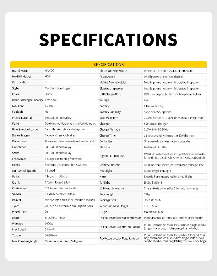 HAHOO H20 20 inches adult electric mountain bike 2000W brushless motor 48V 60Ah ebike dual suspension off road tyre bicycle